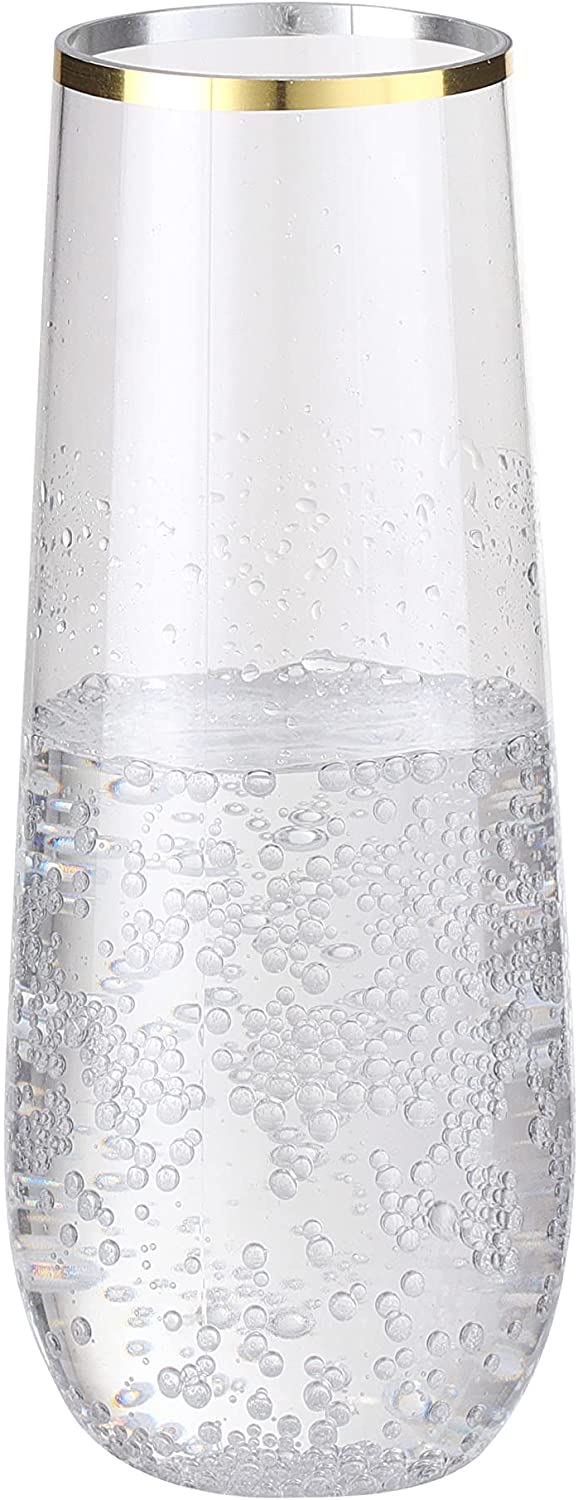 9 Oz Plastic Champagne Flutes Stemless Gold Rim Glass Plastic Wine Glasses Cocktail Parties