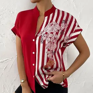 Hot Verkopende Producten 2023 Zomer Dames Tops Contrast Kleur Patchwork Bloemenprint Knoop Korte Mouw Shirts