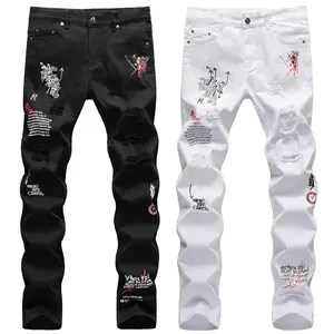 AeeDenim street style personnalisé déchiré anglais broderie impression noir blanc slim fit petit droit personnalité graffiti Jeans