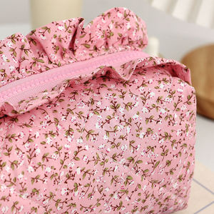 Custom Print Bow Zipper for Floral Cotton Women's Cute Travel Makeup <b>Storage</b> for <b>Bag</b> Ruffle <b>Quilted</b> Pouch - Product Image 4