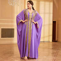Robe Abaya pour femmes de couleur violette, ensemble deux pièces, robe élégante de style ethnique pour femmes, robe à paillettes, applique brodée, manches longues