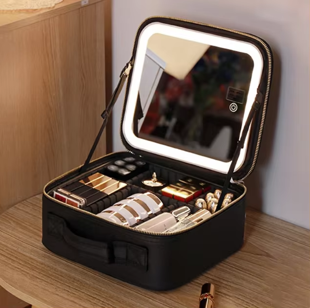 Custom logo Makeup Train Case with Light & Mirror Large Cosmetic Organizer with Adjustable Dividers for Cosmetics