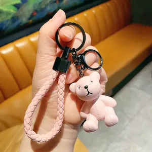 Fanhua gantungan kunci beruang lucu, gantungan kunci liontin kulit PU tali kepang kreatif anak laki-laki perempuan hadiah Natal grosir
