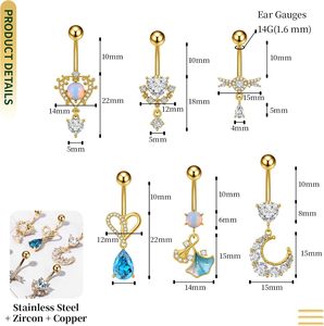 Set di 6 <span class=keywords><strong>Piercing</strong></span> per <span class=keywords><strong>Ombelico</strong></span> in Acciaio Inox 14G Placcato Oro/<span class=keywords><strong>Argento</strong></span> con Cuore, Luna, Stella e Zirconi per Matrimonio - Product Image 2
