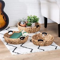 Handgeweven waterhyacint opbergmanden met houten handvatten, voedselveilig, ronde vorm, voor fruit en voedsel.