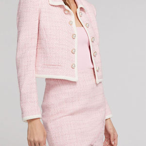 OEM Custom Women's <b>Linen</b>/Cotton Full Sleeve Tweed Blazer Pencil Skirt Two Piece <b>Set</b> with Gold Buttons - Product Image 1