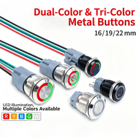 Sakelar Tombol Tekan Logam 16mm 19mm 22mm Dua Warna Merah Hijau LED Ring Tahan Air Tahan Debu Tipe Momentary Latching