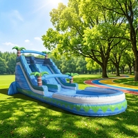 Toboggan aquatique gonflable commercial double piste, thème palmier et cocotier, avec piscine bleue, pour jardin et cour arrière