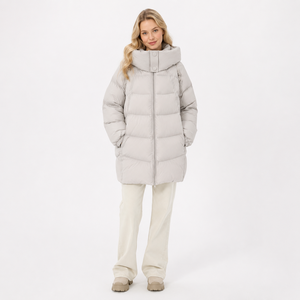 Chaqueta Larga Acolchada para Mujer con Capucha y Cierre de Cremallera, Relleno 90% Plumón de Ganso Blanco, Abrigo de Invierno Color Beige, Manga Larga - Product Image 1