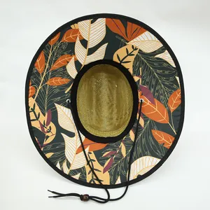 인명 구조 밀짚 모자 사용자 정의 패치 로고 밀짚 모자 인쇄 비치 서핑 천연 잔디 넓은 챙 태양 인명 구조 밀짚 모자