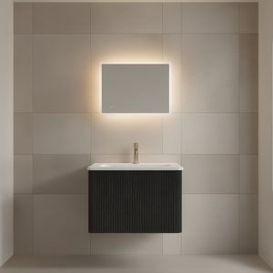 Mueble de Baño Moderno de 24 Pulgadas en Roble Negro con Lavabo de Cerámica Blanco Rayado de una Pieza, Pre-Ensamblado, Montado en la Pared con Espejo LED - Product Image 2