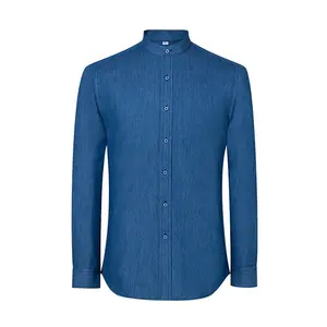 Camisa masculina formal de manga longa, lisa, azul, 100% algodão, com gola mandarin