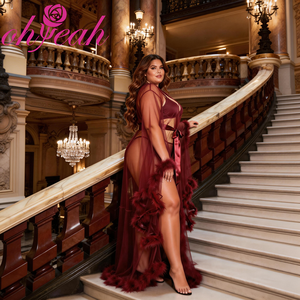 Vente flash - Robe <span class=keywords><strong>de</strong></span> <span class=keywords><strong>nuit</strong></span> en fourrure rouge vin à manches longues avec ceinture - Robe en peluche sexy - Ensemble <span class=keywords><strong>de</strong></span> vêtements <span class=keywords><strong>de</strong></span> <span class=keywords><strong>nuit</strong></span> pour femmes - Product Image 5