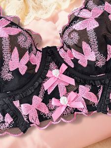 Ensemble de <span class=keywords><strong>lingerie</strong></span> 3 pièces en dentelle noire et rose papillon 2026, léger et respirant, soutien-gorge et culotte, femme <span class=keywords><strong>sexy</strong></span>, romantique, maille intime, taille XL - Product Image 4