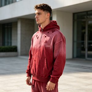 Sudadera con capucha para hombre con cremallera, estilo rasgado y desgastado, con estampado en relieve y lavado ácido, 500G, de felpa francesa 100% algodón, para hombre. - Product Image 4