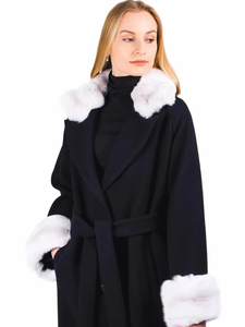 Abrigo Largo de Cachemira 100% con Ribete de Piel de <span class=keywords><strong>Chinchilla</strong></span> <span class=keywords><strong>Negra</strong></span>, Mangas Largas y Transpirables, con Cuello y Puños de Piel de <span class=keywords><strong>Chinchilla</strong></span> - Product Image 2