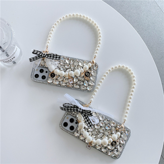 For iPhone 15 Pro Max Case Rhinestone Luxury Glitter Diamond Crystals Mobile Phone Cases for iPhone 14 13 with Pearls Bracelet