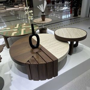 Ensemble de <span class=keywords><strong>table</strong></span> <span class=keywords><strong>basse</strong></span> et <span class=keywords><strong>table</strong></span> d'appoint ronde de style Wabi-Sabi : <span class=keywords><strong>Travertin</strong></span> + couleur noyer, combinaison créative du milieu du siècle pour les salons de villa - Product Image 4