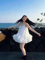 Robe Camisole Blanche Romantique à Volants pour Femme, Style Vacances d'Été au Bord de Mer, Jupe Courte et Moelleuse Effet Gâteau de Fée