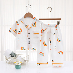 Vente directe usine de pyjamas pour enfants, ensembles en gaze à manches courtes, col à boutonnage simple, imprimé dessin animé, pyjamas pour filles. - Product Image 3