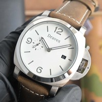 Montre mécanique lumineuse pour homme, boîtier en acier de 42 mm, cadran blanc, petite seconde, date, bracelet en cuir brun vieilli, montre sport