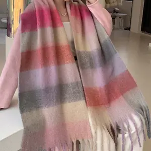 Fashion 68 colors women stock large oversize plaid winter scarf cape acrylic oblong chunky fluffy scarf with tassel