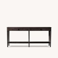 Console élégante et moderne en chêne clair avec deux tiroirs, poignées en laiton, cinq pieds coniques, étagère inférieure pour entrée, meuble d'appoint, personnalisable OEM