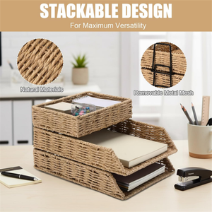Cesta de Escritorio Estilo Rústico, Tejida con Cuerda de Papel, Bandeja de Almacenamiento para Cartas, Carpetas, Cuadernos, Impresiones - Product Image 2