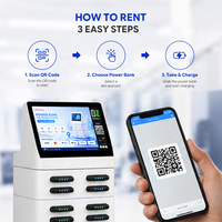 Station de location de chargeurs portables, borne de recharge mobile commerciale, écran tactile, lecteur de cartes, système de paiement par code QR, ignifuge