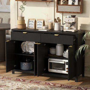 Wood Sideboard Buffet <b>Cabinet</b> with 2 Drawers & 4 Doors Adjustable Shelves Wave-Pattern Design for Living Room Hotel - Product Image 3