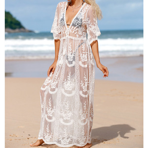 Nhà máy trực tiếp kỳ nghỉ mặc phụ nữ bãi biển Bìa up trắng Ren Boho Dress - Product Image 6