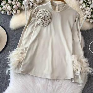 Camicia di alta qualità in raso per le donne stile francese luce di lusso elegante lanterna a fiori maniche larghe e sottili <span class=keywords><strong>top</strong></span> con <span class=keywords><strong>piume</strong></span> - Product Image 6