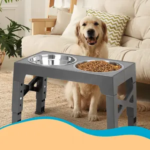 不锈钢高架双狗碗桌可调高度隔热防滑凸起食物水高架宠物狗碗