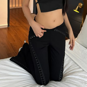 กางเกงขาบานทรง Y2K สีเข้มสำหรับผู้หญิง เอวต่ำ สีพื้น เอวยางยืด ระบายอากาศได้ดี เหมาะสำหรับฤดูร้อน ผ้าซักแล้ว ยืดหยุ่น สวมใส่สบาย - Product Image 6