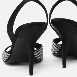 Xinzirain personnalisé nouveauté été sandales Femme sandales en cuir noir à bout ouvert strass bride à la cheville talon mince Slingbacks - Product Image 4