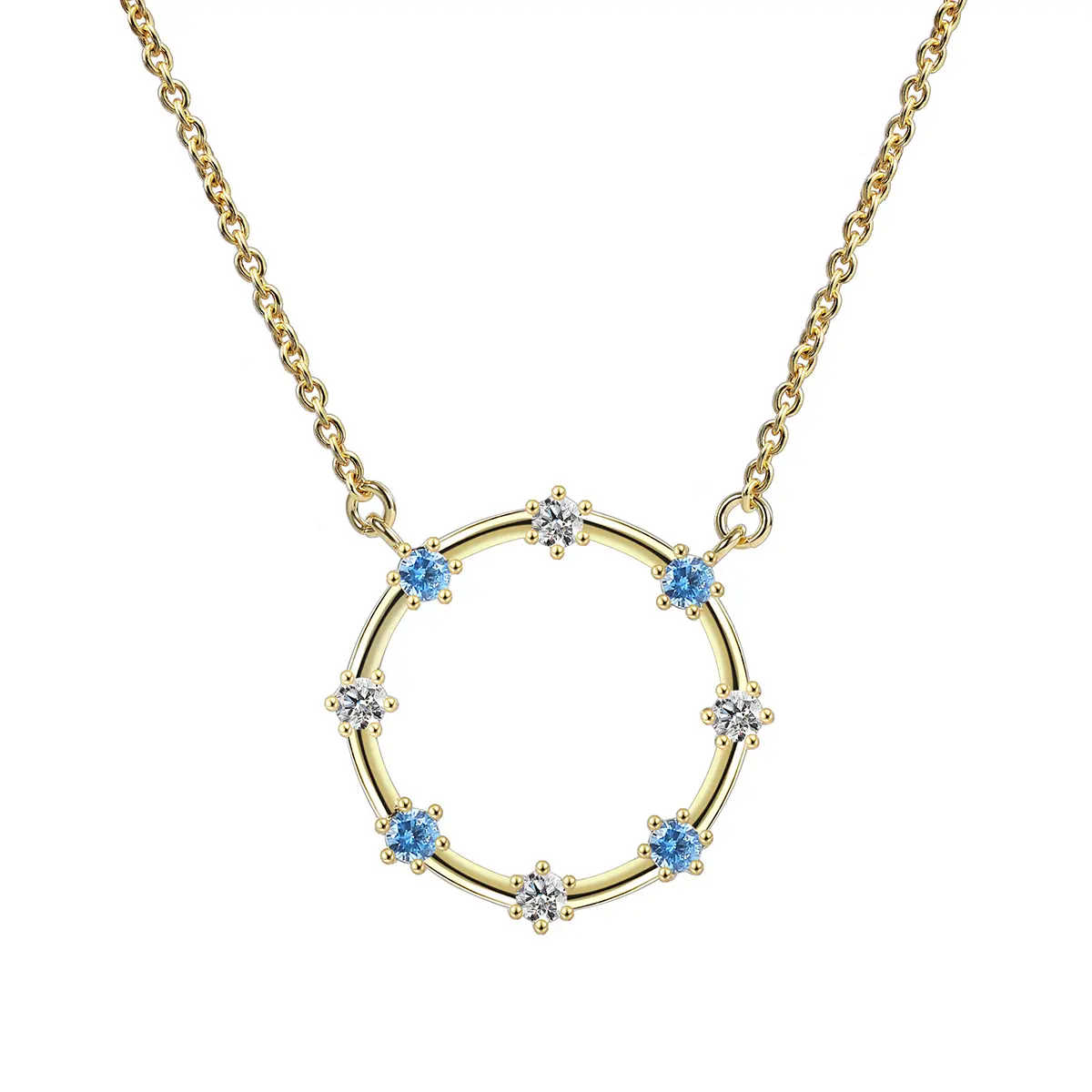 Mode Eenvoudige Grote Geometrische Ronde Cirkel Ingelegde Intercolor Blauw Cz Zirkoon Hanger Ketting Sieraden Voor Vrouwen