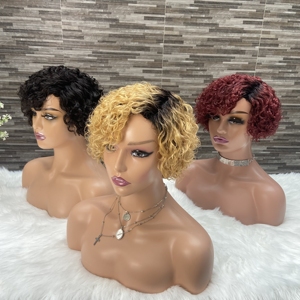 Venta al por mayor hecha a máquina Bob <span class=keywords><strong>pelo</strong></span> humano parcial Pixie corte pelucas para mujeres negras barato Pixie corte rizado PELUCAS CABELLO humano - Product Image 2