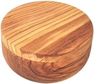 Olive Wood Salt Box Round Wooden Salt Keeper With Lid Olive Wood Seasoning Box Salt and Pepper Keeper