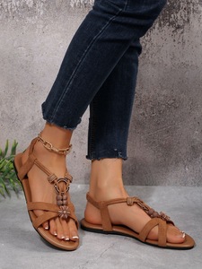Womens Boho Flat <b>Sandals</b> Flower Bead Decor <b>Elastic</b> Ankle Strap Summer Beach Casual Footwear - Product Image 6