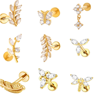 Anting-anting tusuk titanium F136 dengan desain bunga, daun, burung, capung, kupu-kupu.  Berhiaskan CZ dengan ulir dalam.