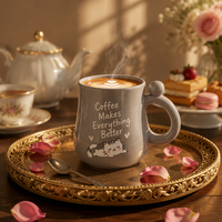 Mug à café en céramique Homey OEM 450 ml, 6 couleurs, gris chaud brillant, imprimé chat endormi, avec poignée en forme de boule, sans BPA, pour les amateurs de café