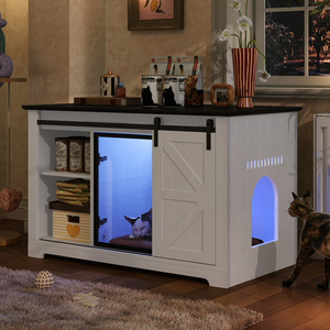 Recinto para caja de arena de gatos estilo granja, 46 pulgadas, en blanco, con puerta corredera tipo granero, panel acrílico con luz LED y gabinete oculto para gatos - Product Image 2