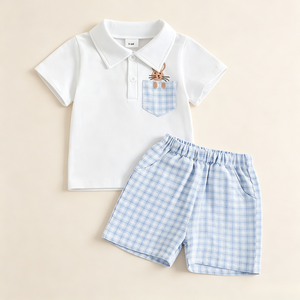 Conjunto Casual de Dos Piezas para Niños: Camiseta de Manga Corta con Cuello y <span class=keywords><strong>Pantalones</strong></span> Cortos a Cuadros, para Uso Diario de Verano, con Logotipo Personalizado, Fabricante ODM - Product Image 3
