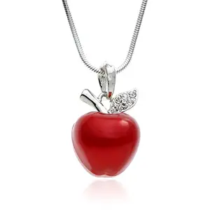 Lovely Cute Made Metal Alloy Red Enamel Crystal Fruit Apple Pendant Necklaces In Snake Chain For Girls Women Party Decor Jewelry