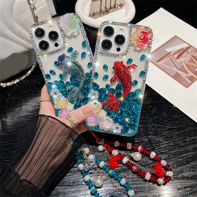 Newest Glitter Lucky Fish Artificial Diamond Bracelet Acrylic TPU Phone Cover Case For Iphone 7 8 X Xr Xs 11 12 13 14 15 Pro Max