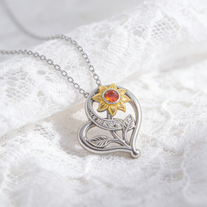 Collar con colgante de girasol en forma de corazón con gema naranja en tono dorado plateado para mujer, joyería de regalo para uso diario - Product Image 1
