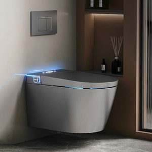 WC suspendu mural de luxe sans bride avec chasse automatique, bidet intégré, gris, toilette intelligente murale - Product Image 1