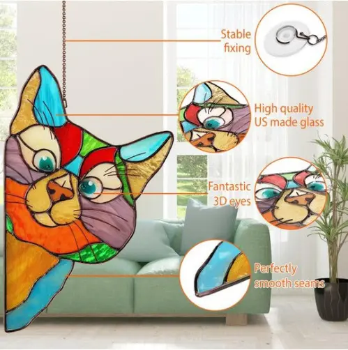 Cat Stained Glass Window Hanging Multicolour Peeking Cat Suncatcher Cat Lover Stained Glass Hanging Window Panel Cartoon Animal