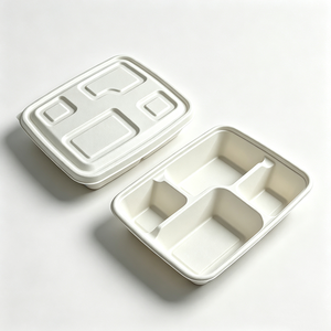 Conteneur alimentaire jetable 100 % compostable OEM ODM, barquette repas 4 compartiments avec couvercle en pulpe assorti - Product Image 2