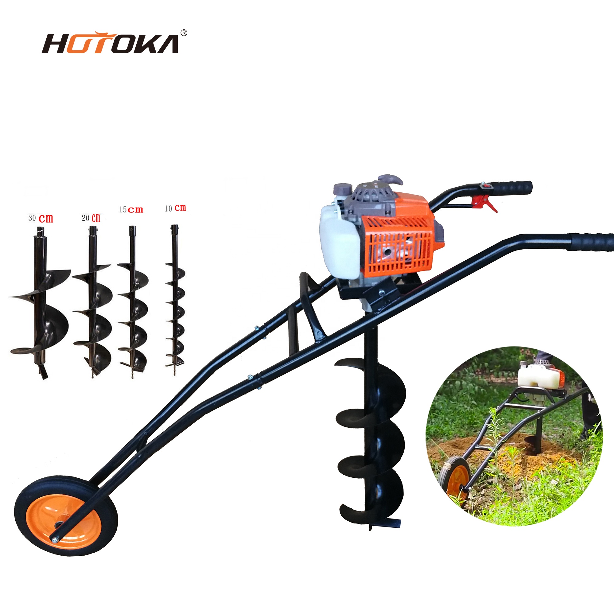 Hotoka Đào Công cụ khoan Xăng tay đẩy mặt đất khoan bài lỗ Digger Máy 62cc Hướng dẫn sử dụng trái đất Auger